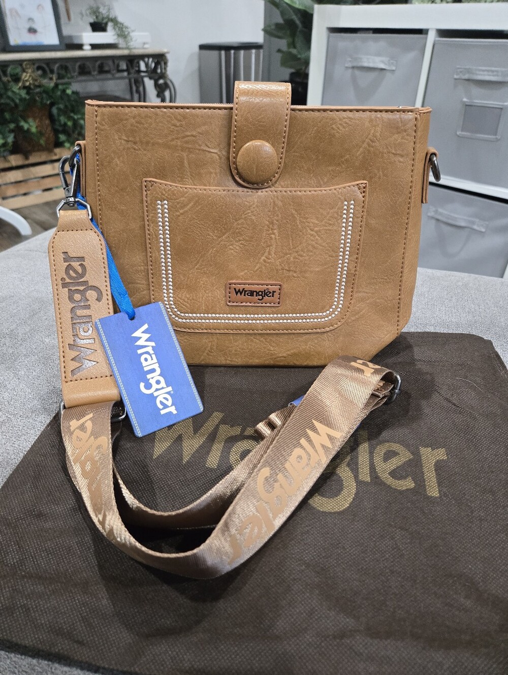 Wrangler Cognac Messenger Bag with Branded Strap
